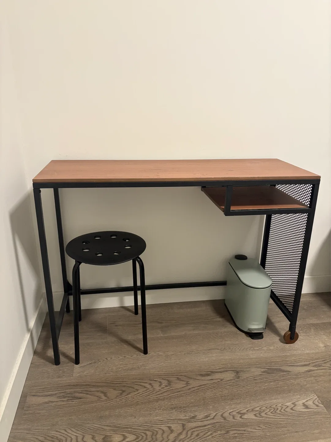 Brown IKEA Desk with stool