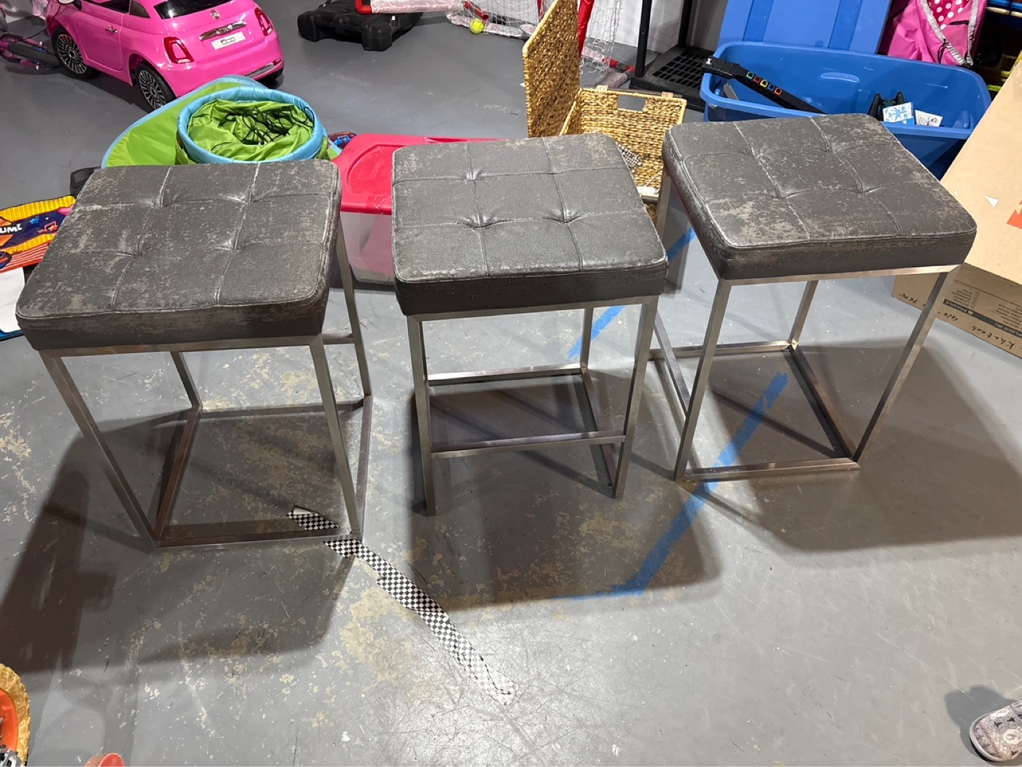 Set of 3 Grey Faux Leather Bar Stools