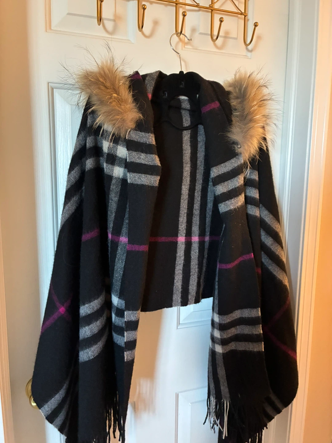 Black Plaid Cape with Fur Hood