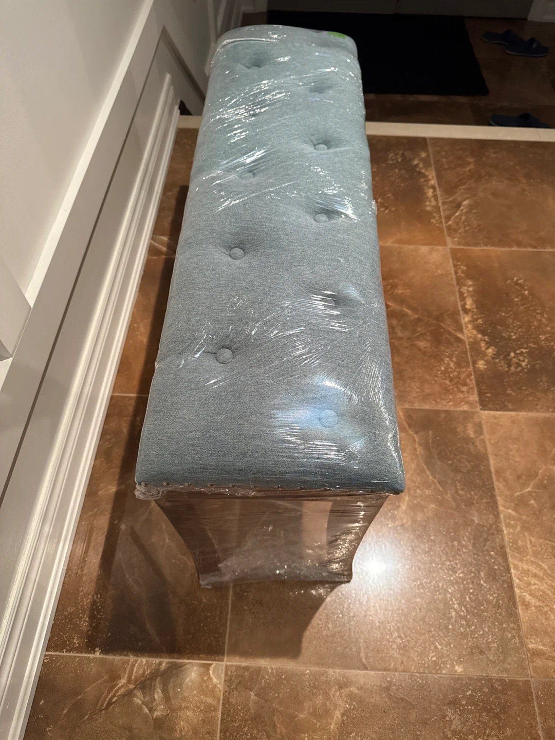 Light Blue Upholstered Bench with Wooden Legs - photo 4