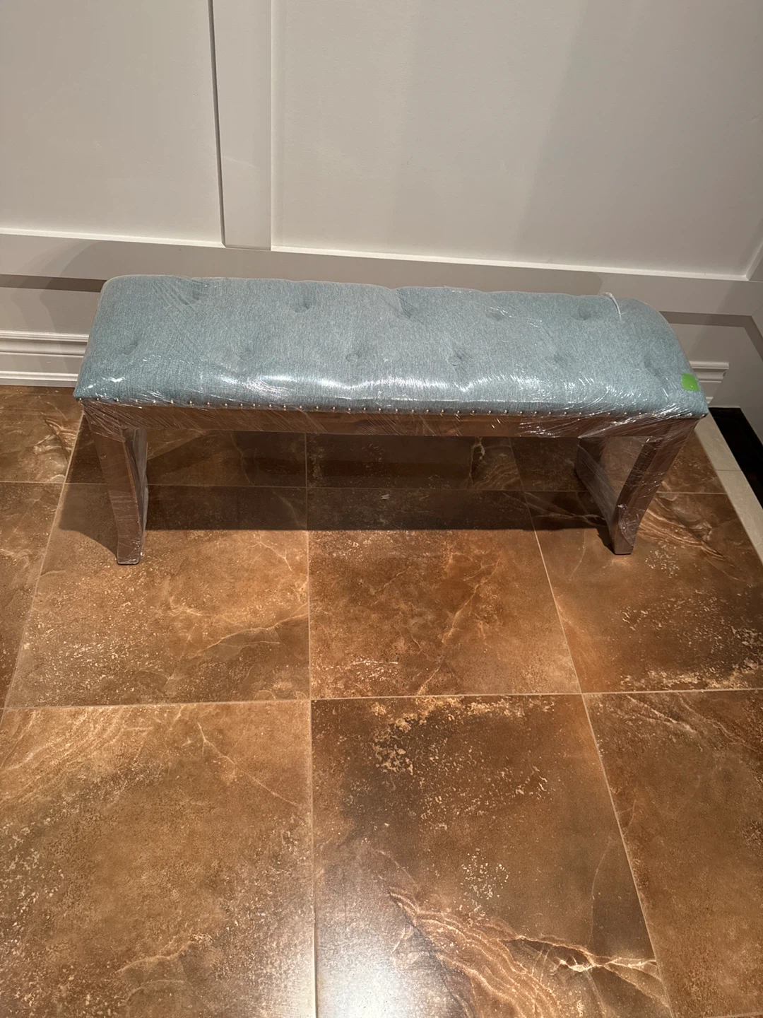 Light Blue Upholstered Bench with Wooden Legs - photo 3
