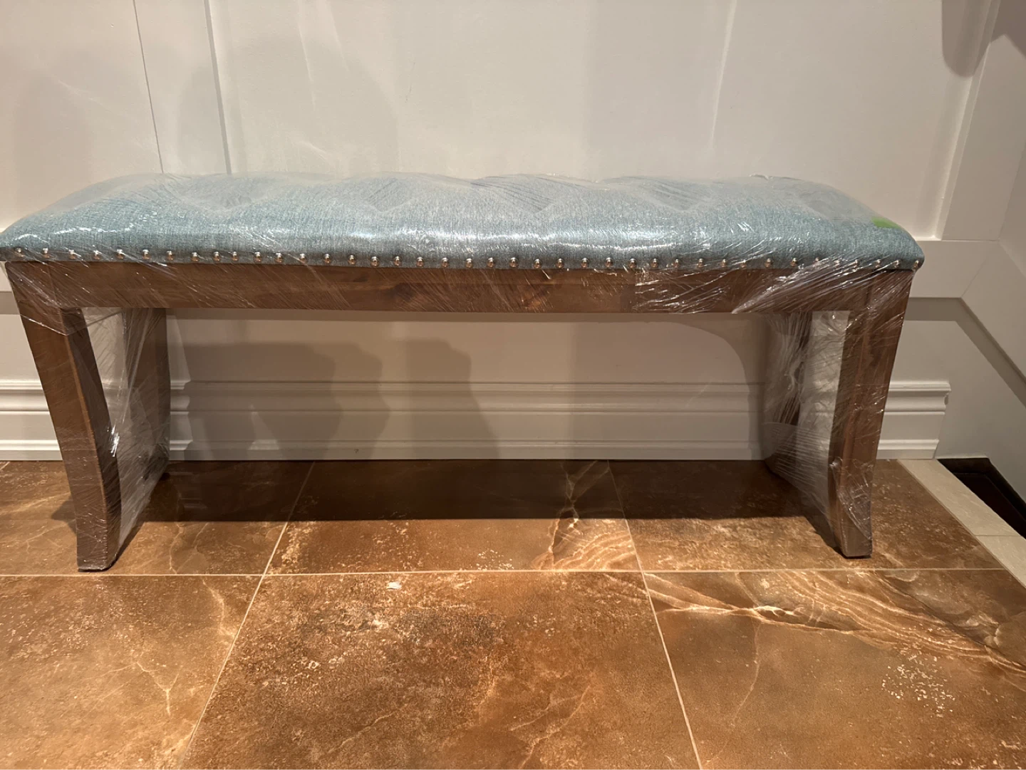 Light Blue Upholstered Bench with Wooden Legs