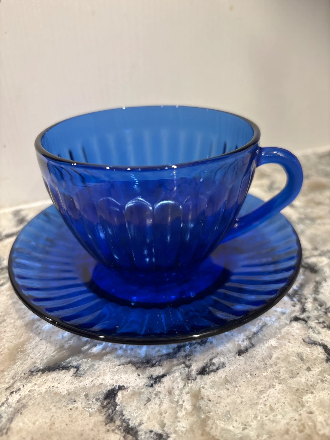Blue Glass Tea Cup and Saucer Set