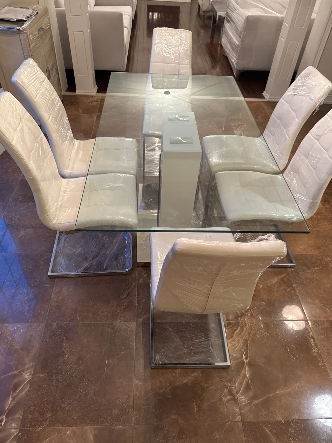 Glass Dining Table with 6 White Faux Leather Chairs - photo 2