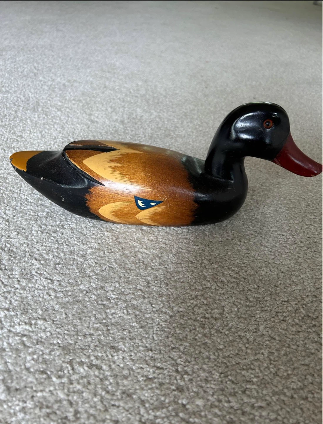 VTG Handcrafted Wooden Mallard Duck: Glossy With Glass Eyes