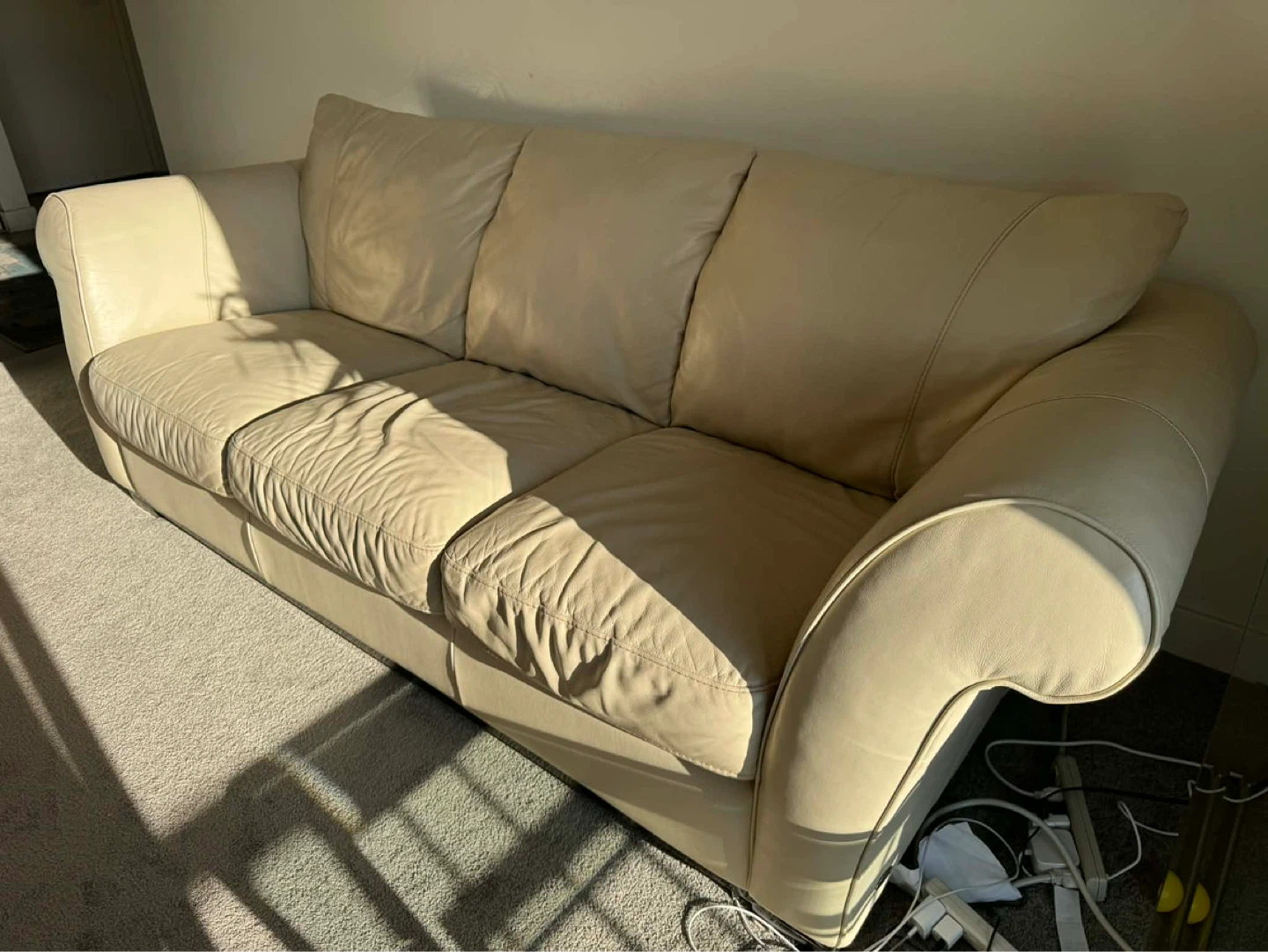 Cream Leather 3-Seater Sofa and Armchair