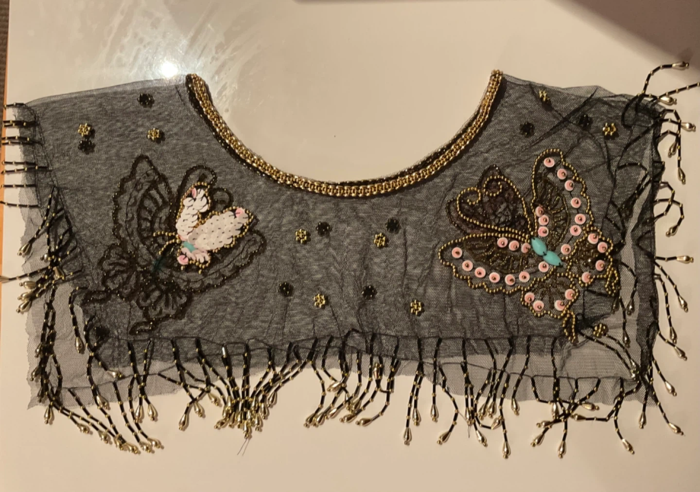 Vintage Beaded Butterfly Mesh poncho with gold beaded fringe - photo 4