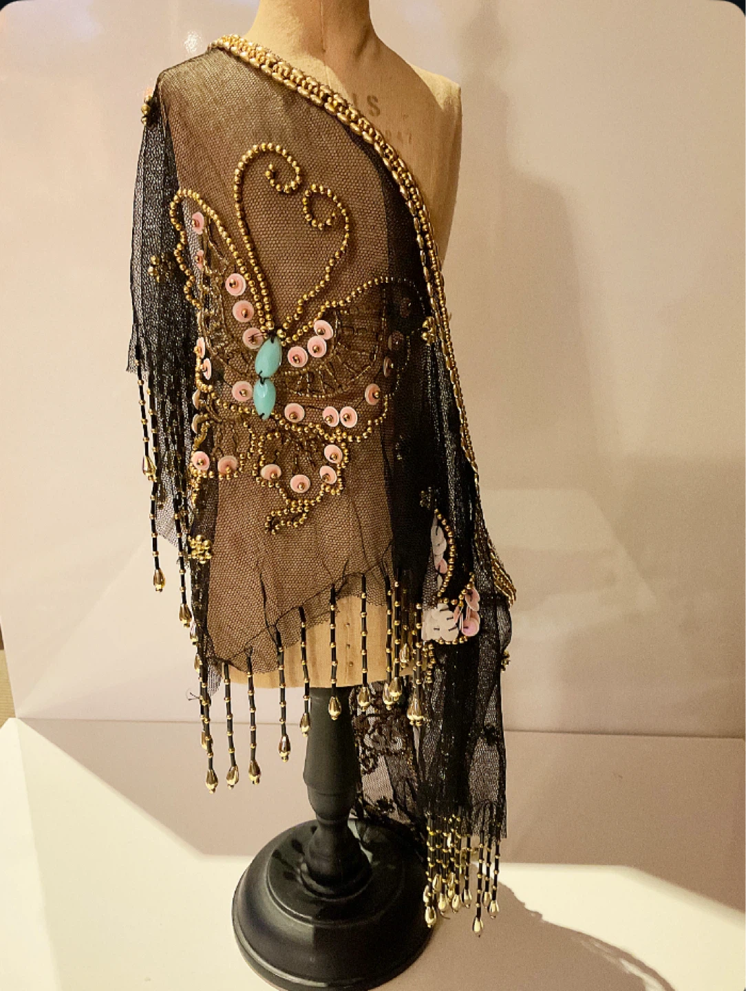Vintage Beaded Butterfly Mesh poncho with gold beaded fringe