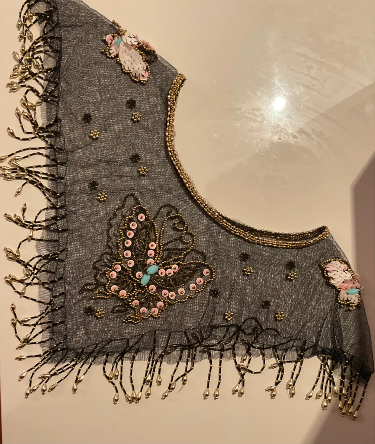 Vintage Beaded Butterfly Mesh poncho with gold beaded fringe - photo 2