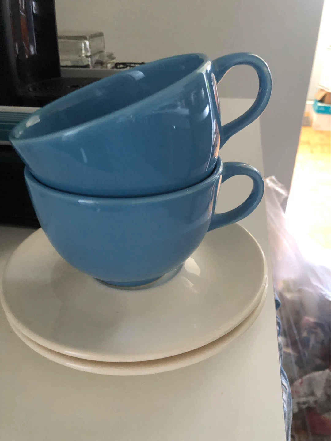 Blue Ceramic big latte Coffee Cups and Saucers (Set of 2)