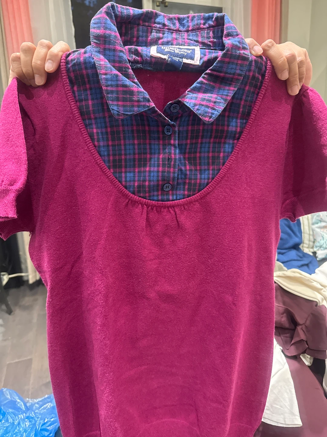 Bluenotes Women's Plaid Collar Knit Top XL