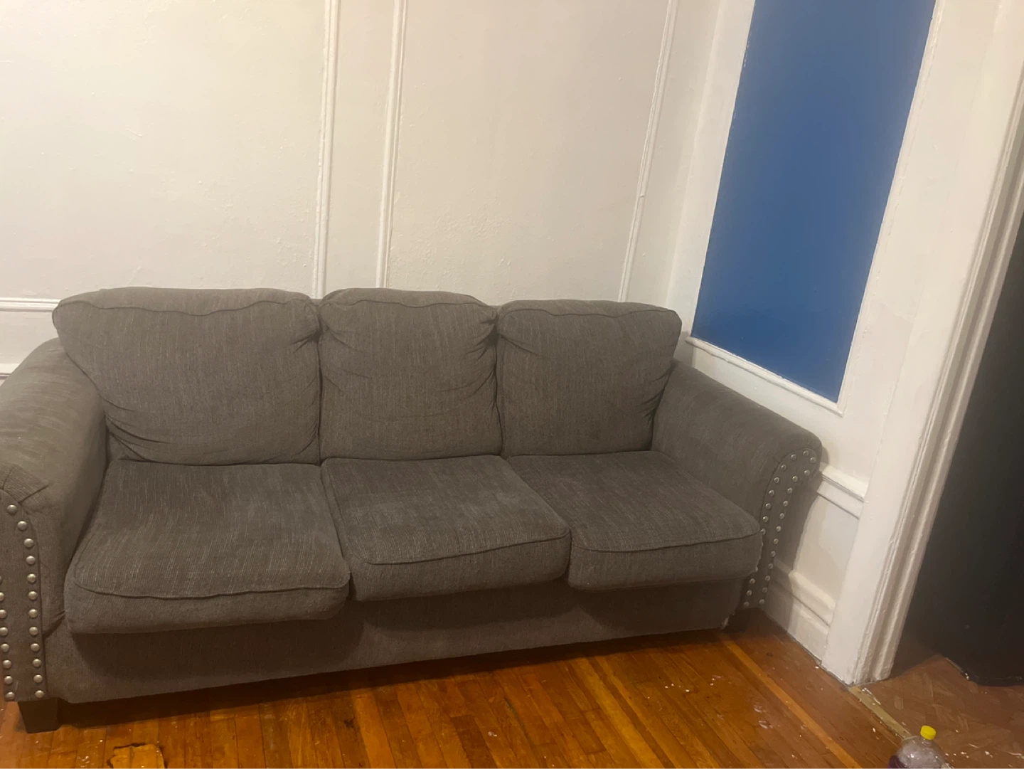 Gray Fabric Sofa with Studded Arms - photo 4