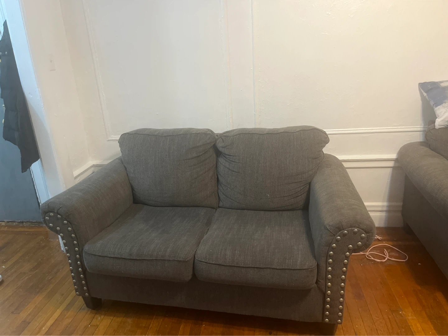 Gray Fabric Sofa with Studded Arms