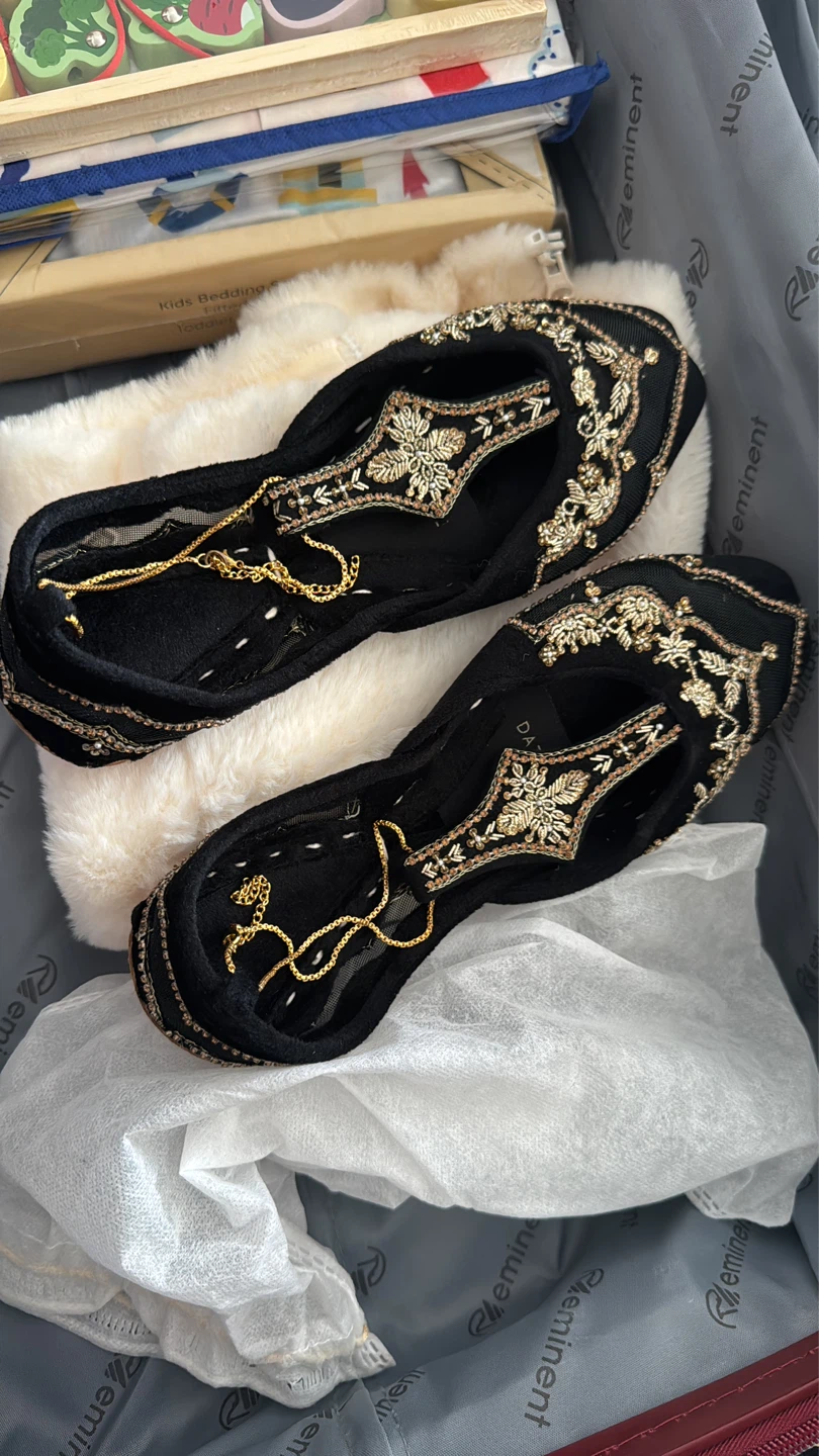 Black Embroidered Flats