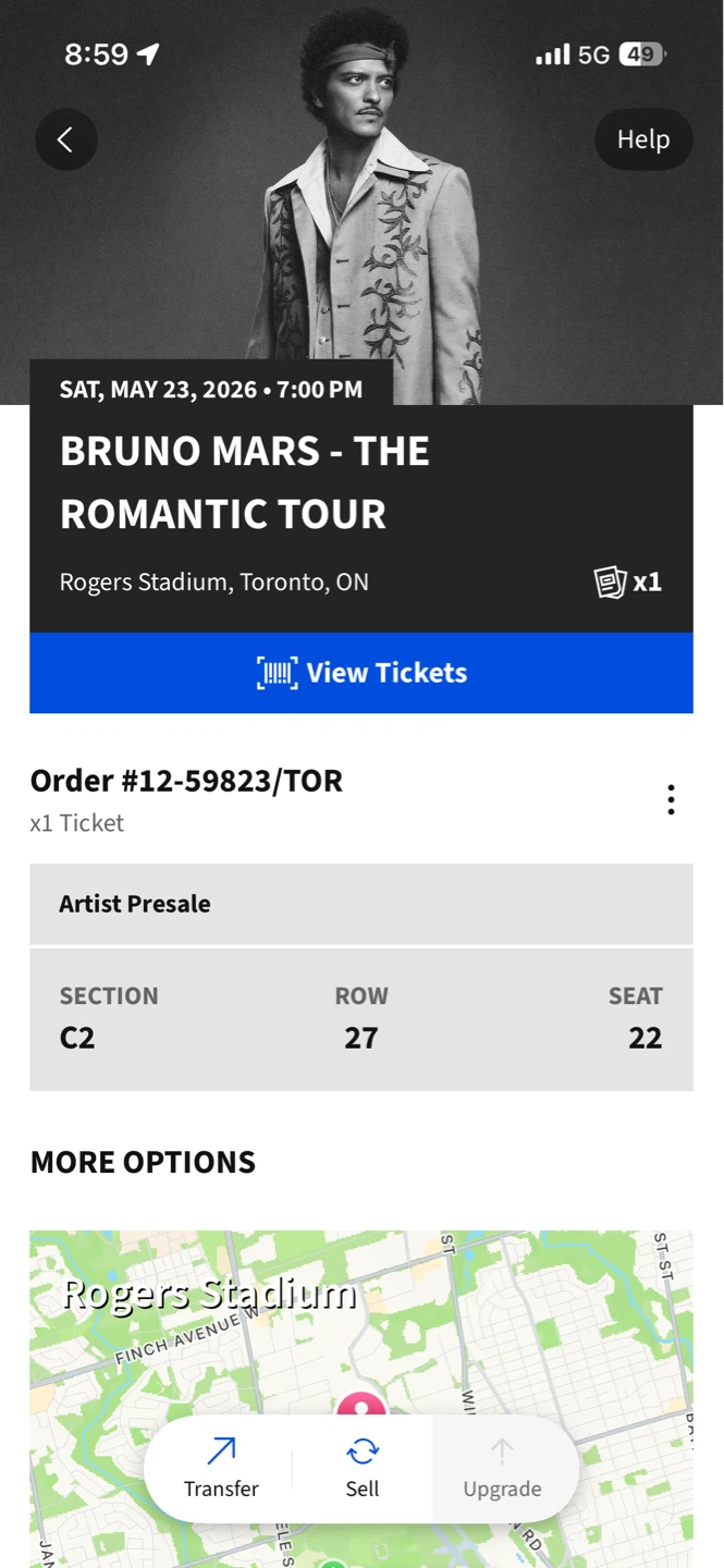 Bruno Mars The Romantic Tour Ticket - May 23, 2026 Toronto