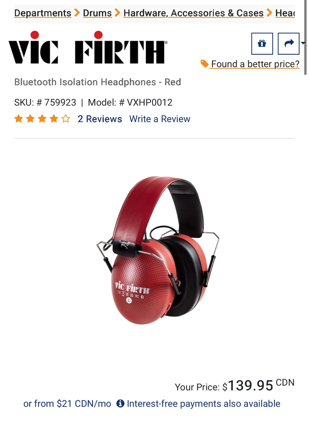 Vic Firth Isolation Headphones Bluetooth - Red