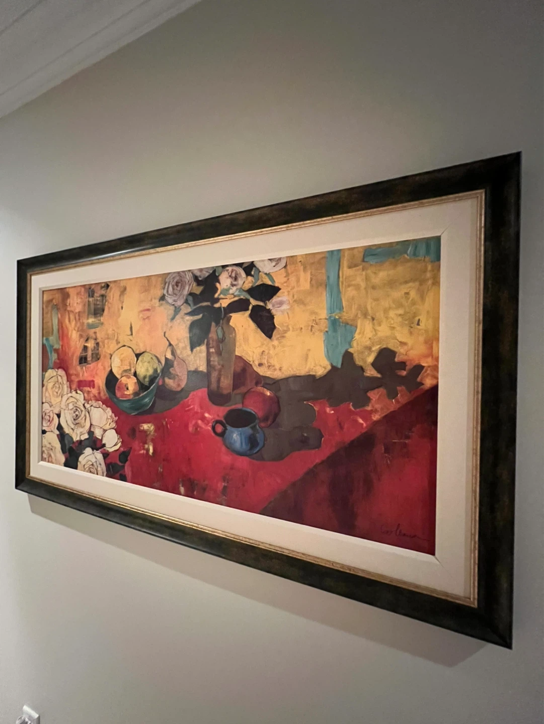Framed Still Life Painting with Flowers and Fruit