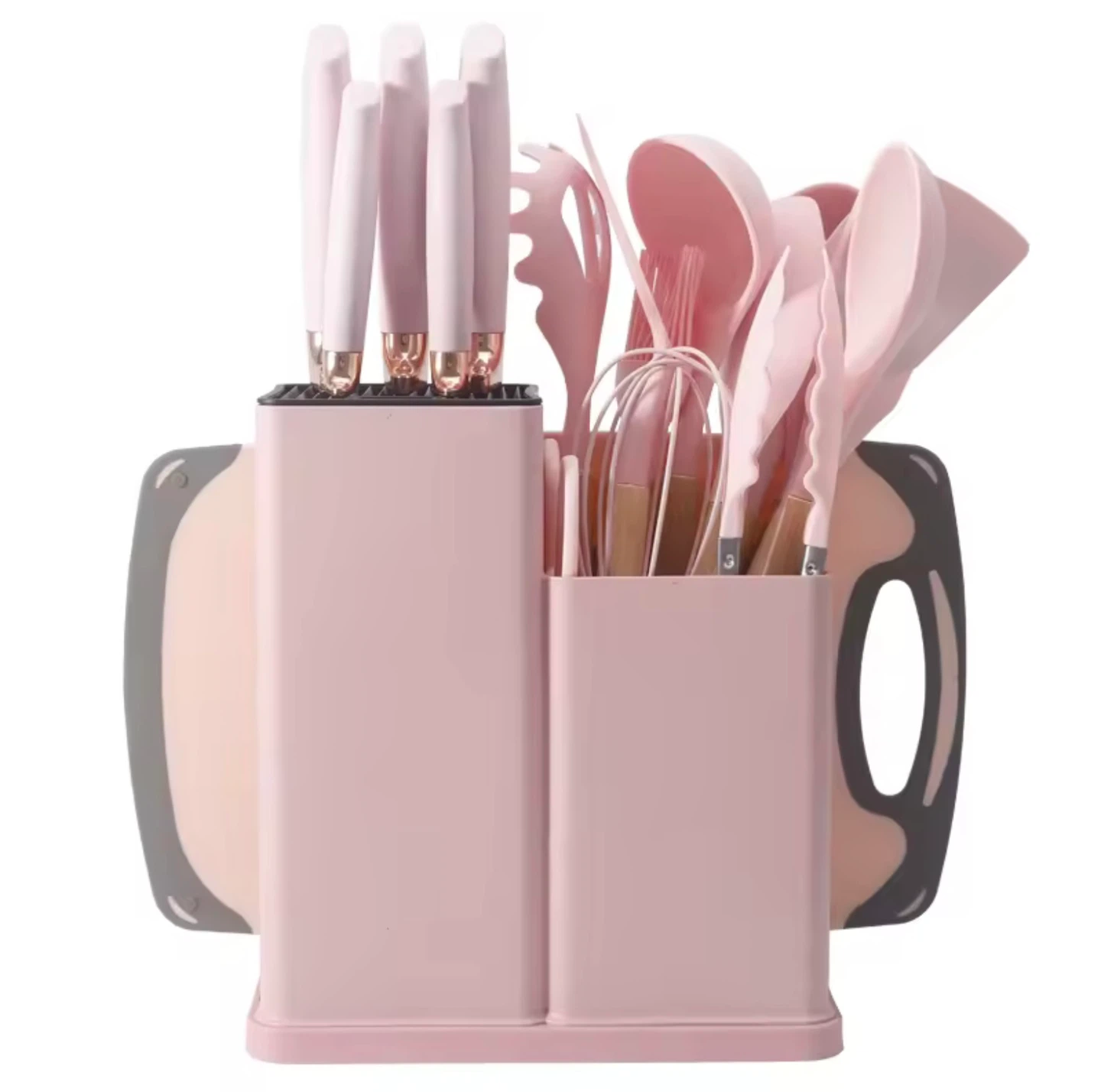 Pink Kitchen Utensil Set with Knife Block and Cutting Board