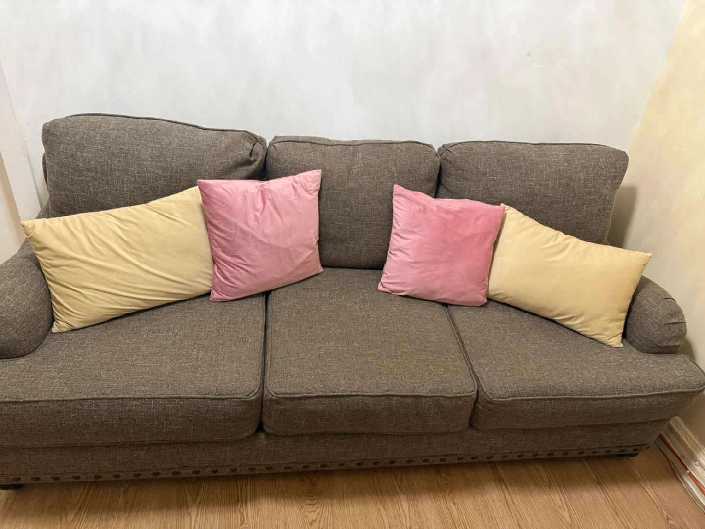 Gray Fabric Three-Seater Sofa with Nailhead Trim - photo 2