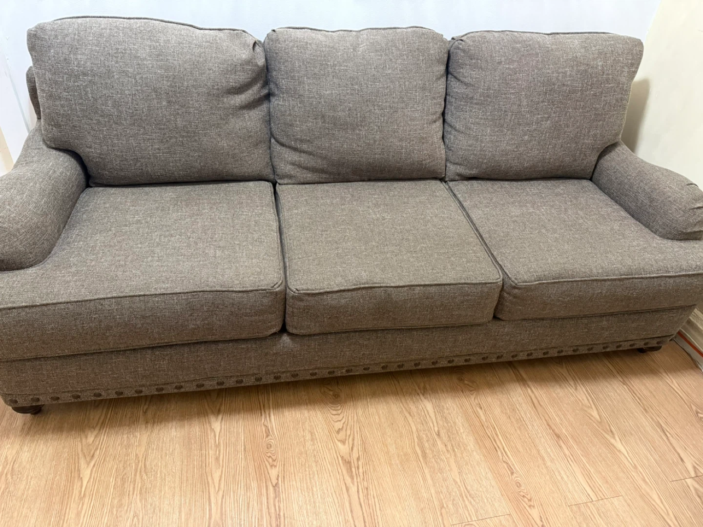 Gray Fabric Three-Seater Sofa with Nailhead Trim