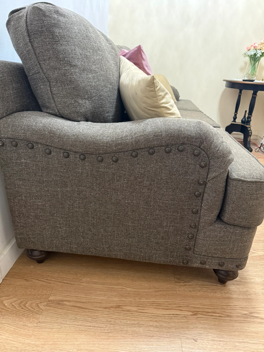 Gray Fabric Three-Seater Sofa with Nailhead Trim - photo 3