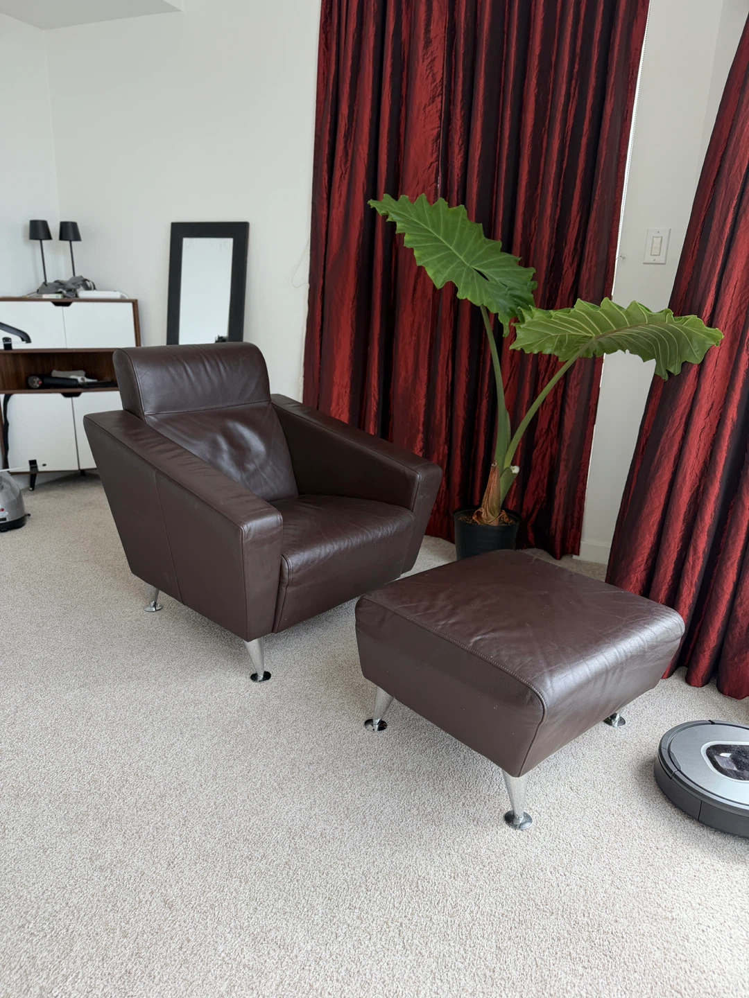 Brown Leather Armchair and Ottoman Set