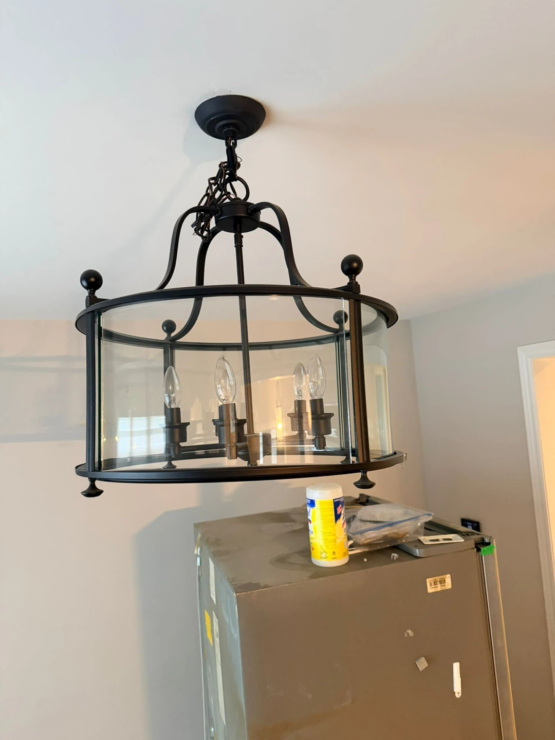 Black 4-Light Drum Chandelier with Glass Shade