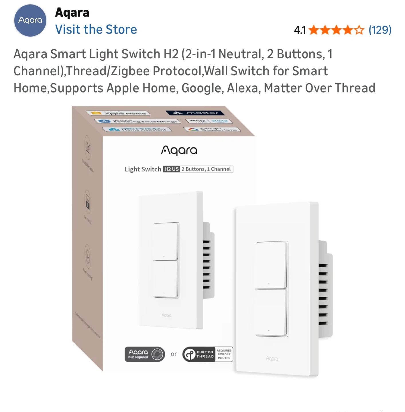 Aqara Smart Light Switch H2 US 2 Buttons, 1 Channel