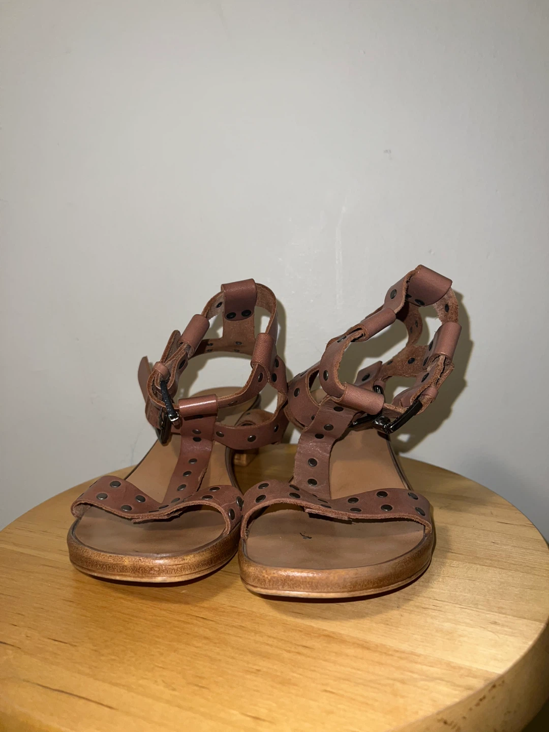 Brown Leather Studded Heeled Sandals