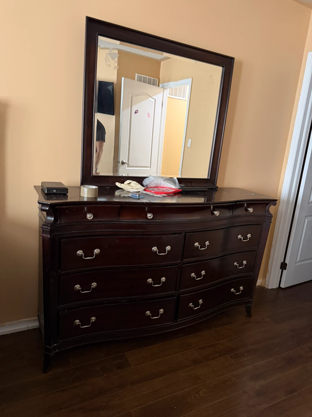 Dark Wood Bedroom Set with Dresser, Bed Frame, and Nightstand