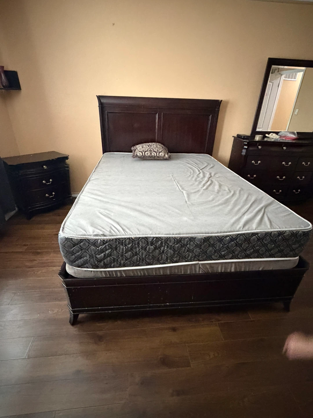 Dark Wood Bedroom Set with Dresser, Bed Frame, and Nightstand - photo 2