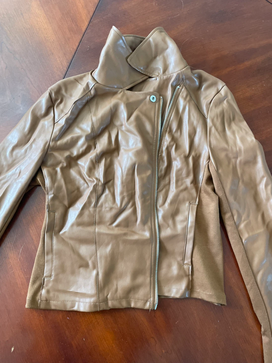 Faux Leather Moto Jacket - Brown - Size Medium