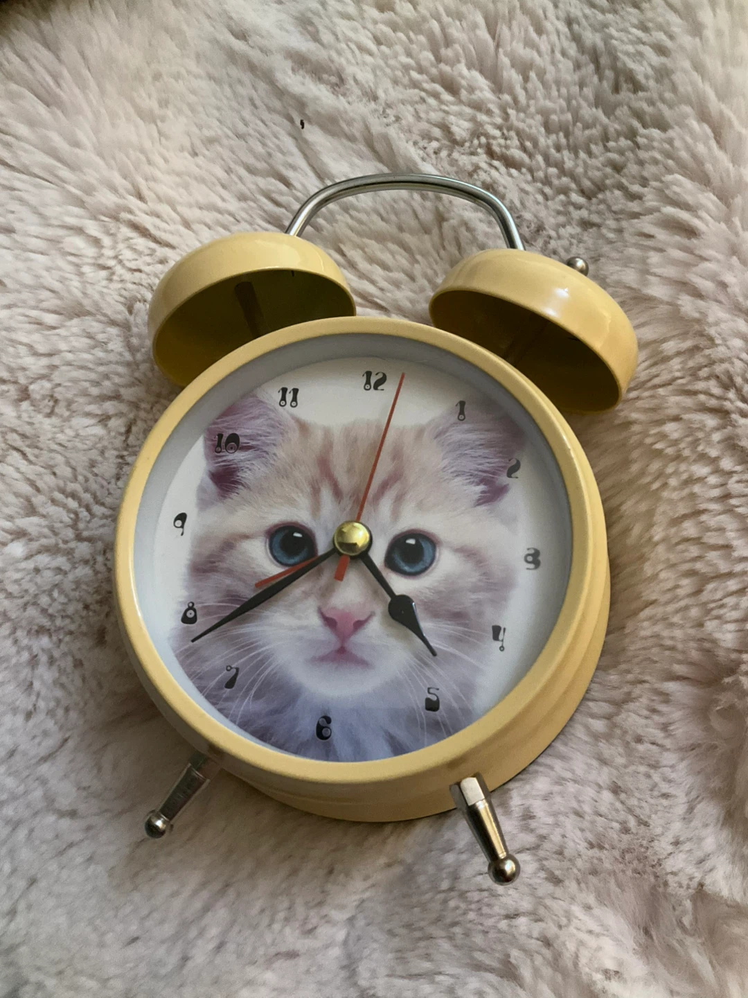 Yellow Twin Bell Alarm Clock with Cute Kitten Face