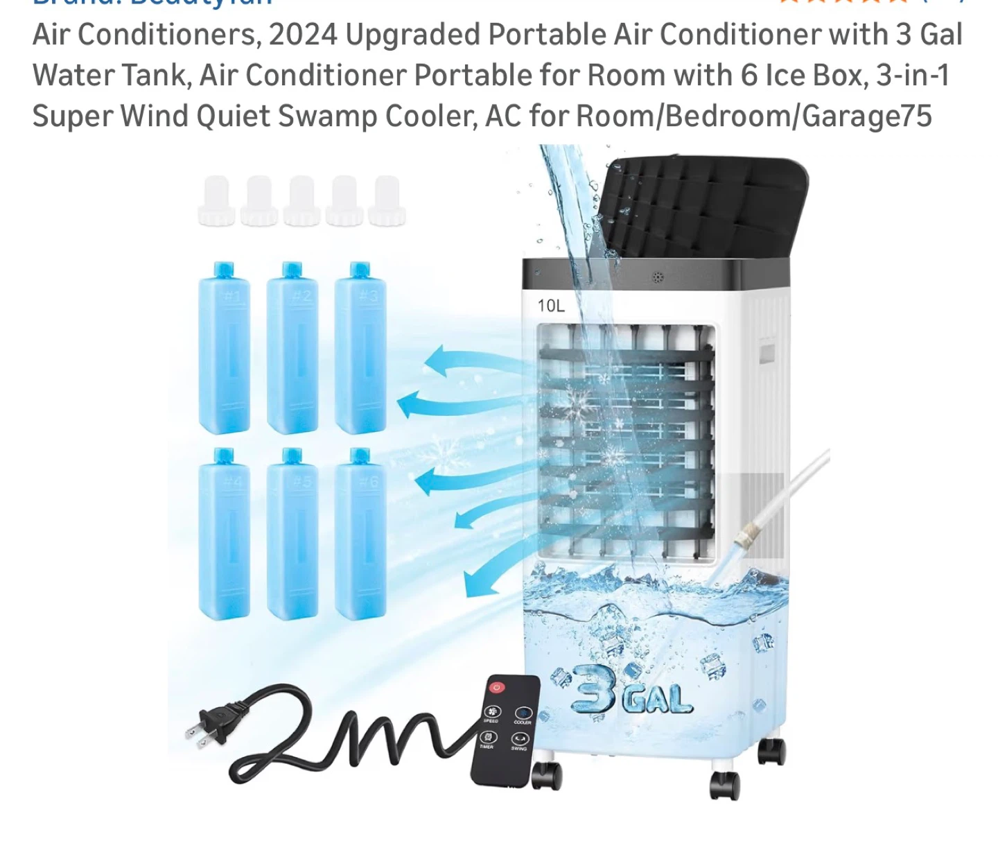 Portable Air Conditioner Cooler  3 Gal Water Tank 6 Ice PK S6C
