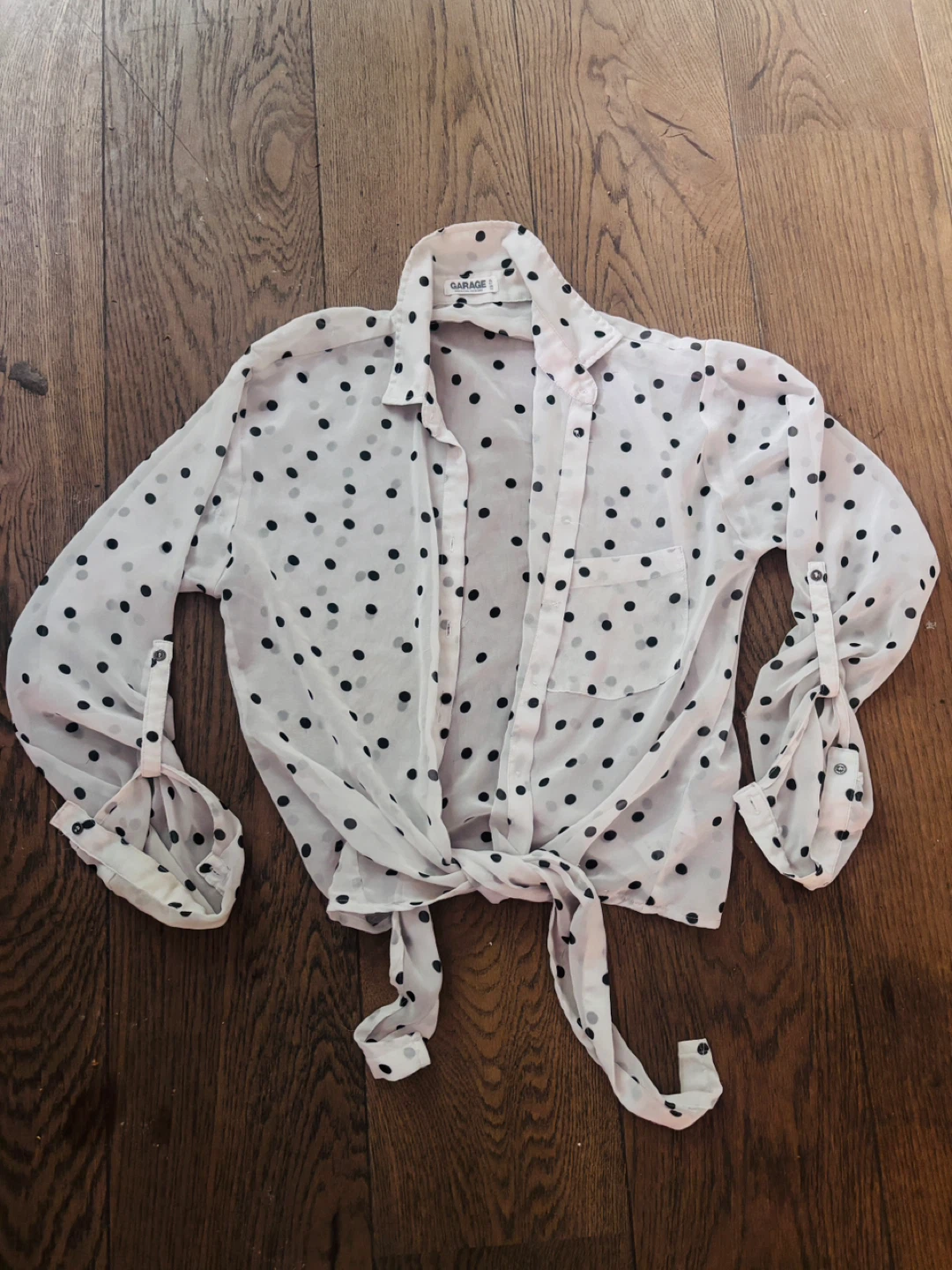 Garage Polka Dot Sheer Button-Up Blouse