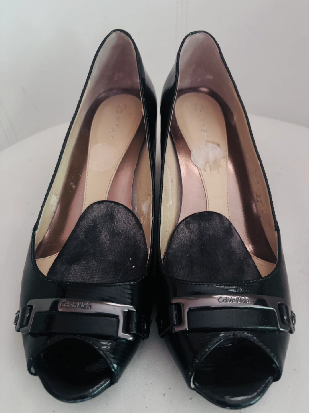 Calvin Klein Black Patent Peep Toe Heels