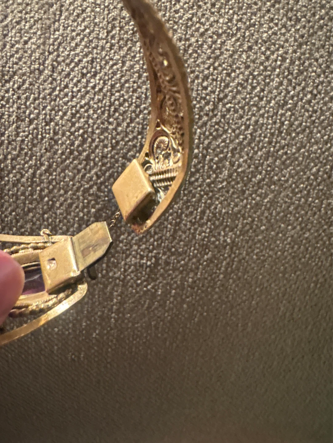 Ornate Gold Tone Bangle Bracelet with Purple Stones - photo 3