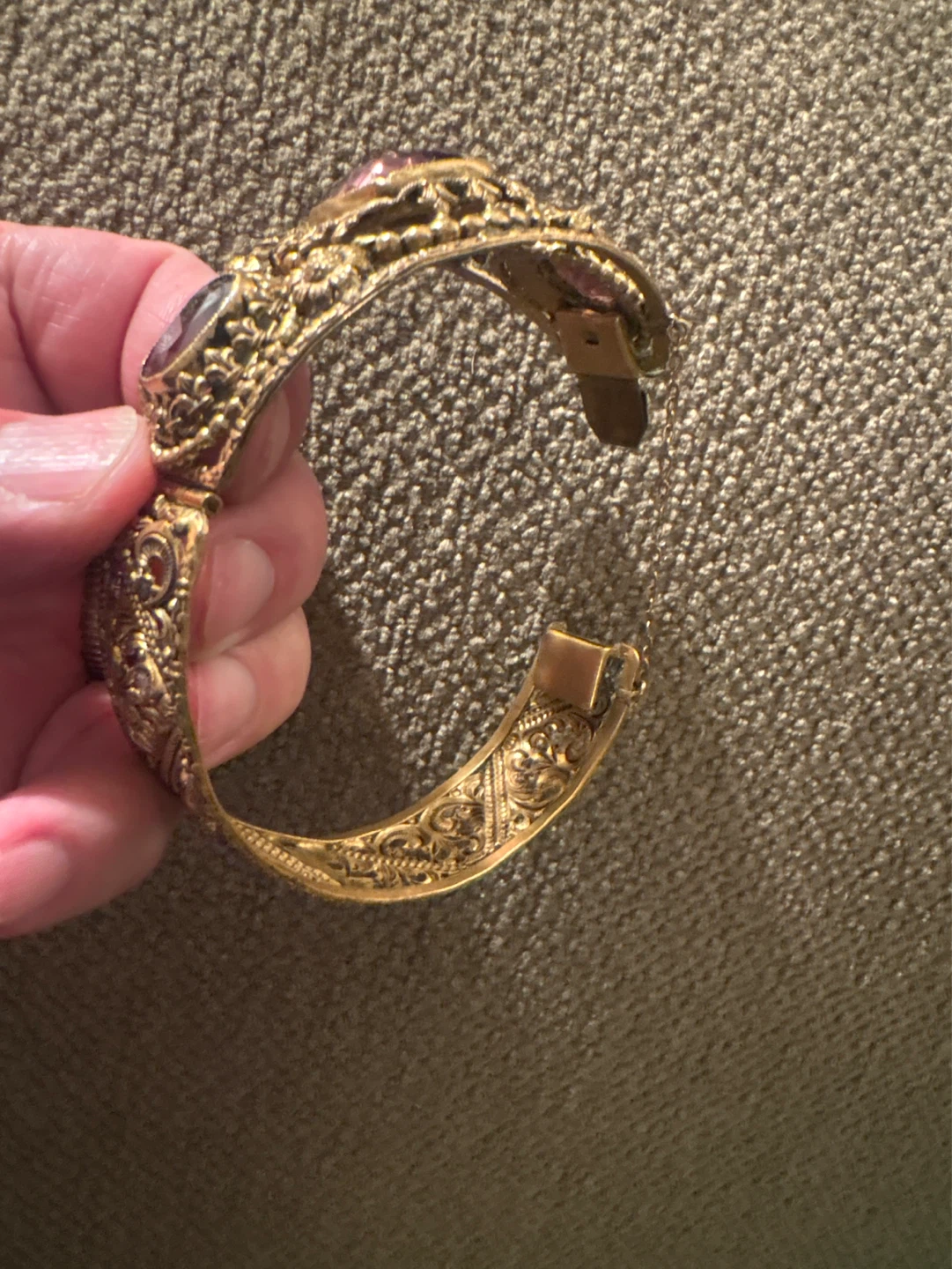 Ornate Gold Tone Bangle Bracelet with Purple Stones - photo 2