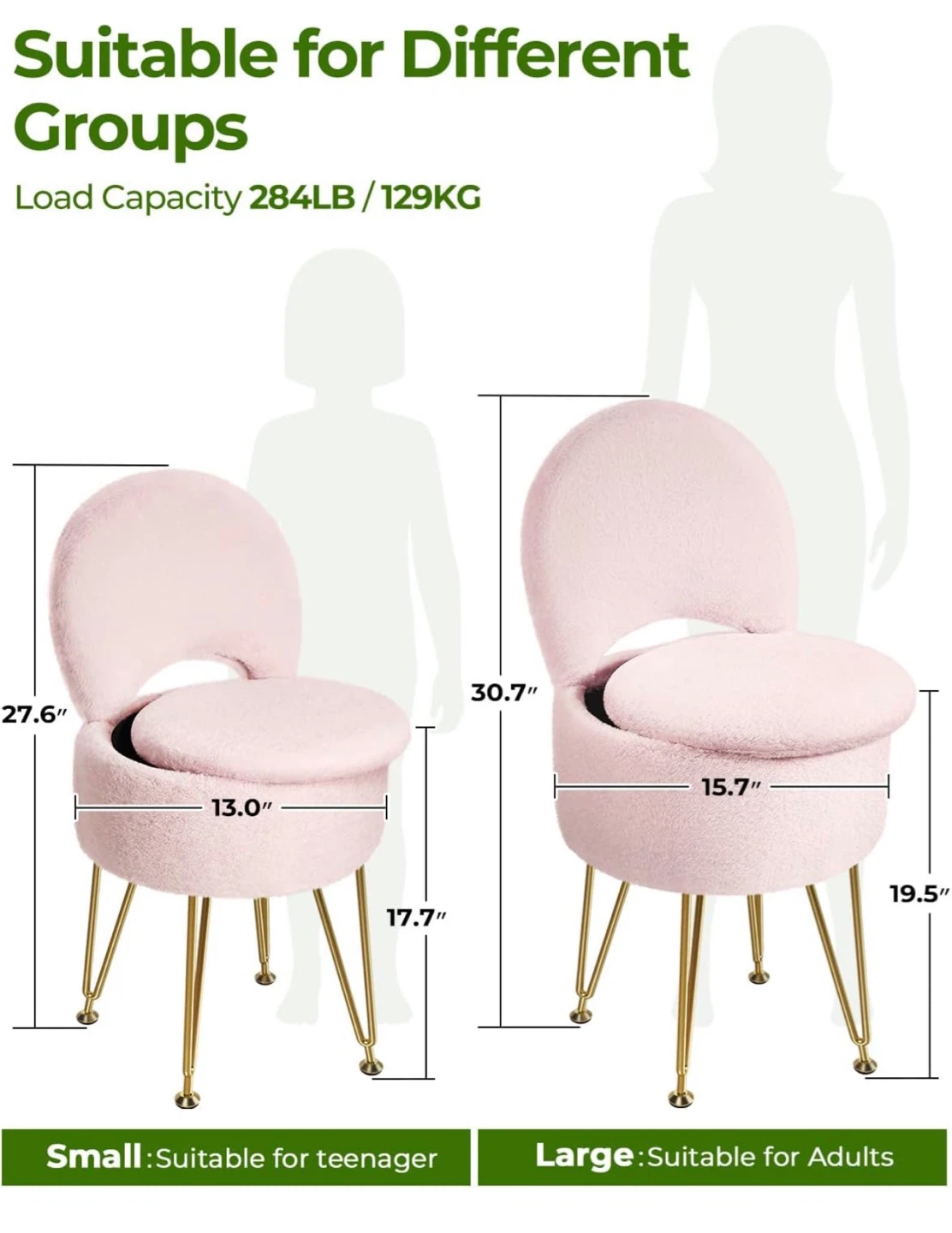 Small Vanity Stool Chair with Storage - Pink S3C - photo 2