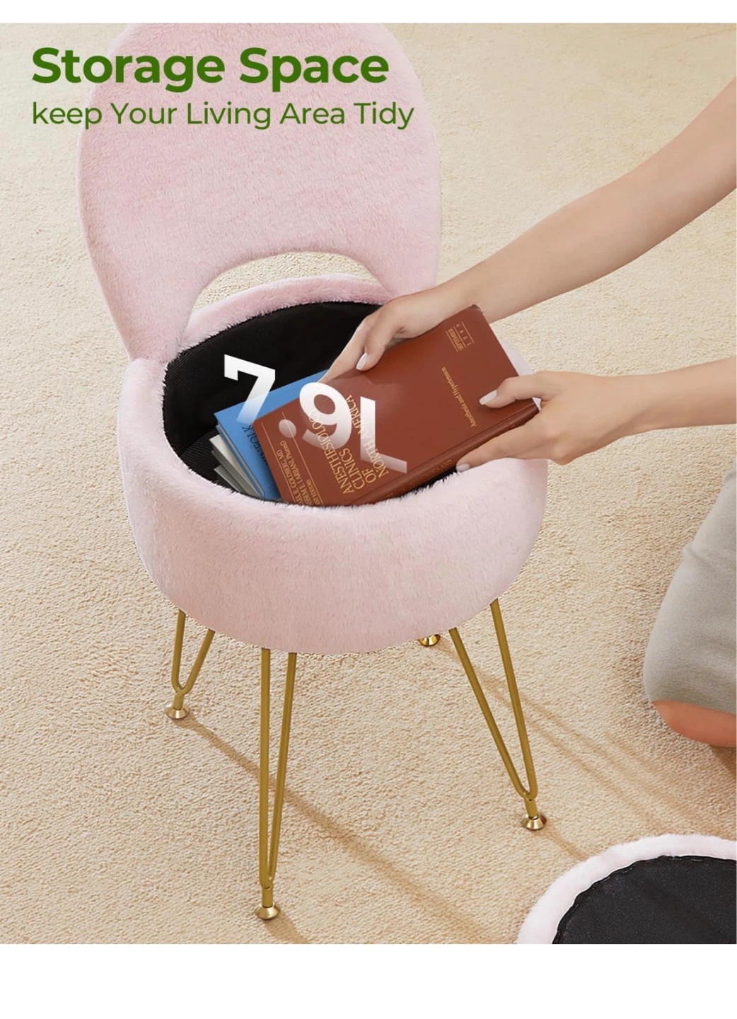 Small Vanity Stool Chair with Storage - Pink S3C - photo 4
