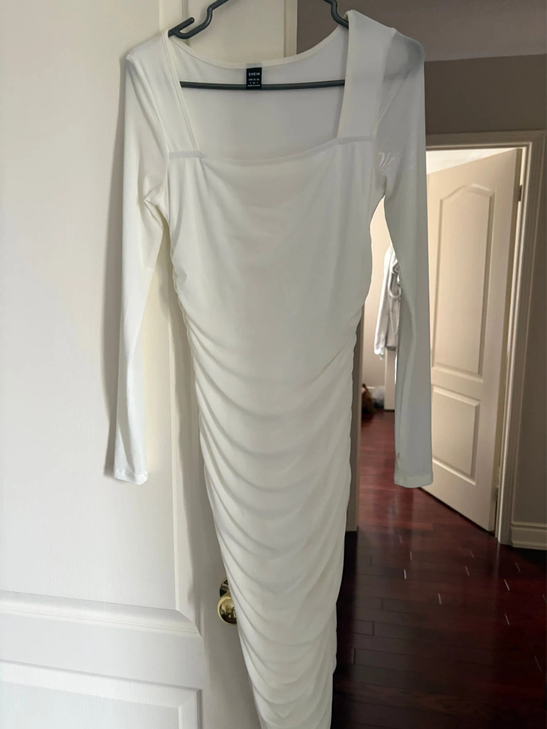 White Ruched Long Sleeve Square Neck Dress