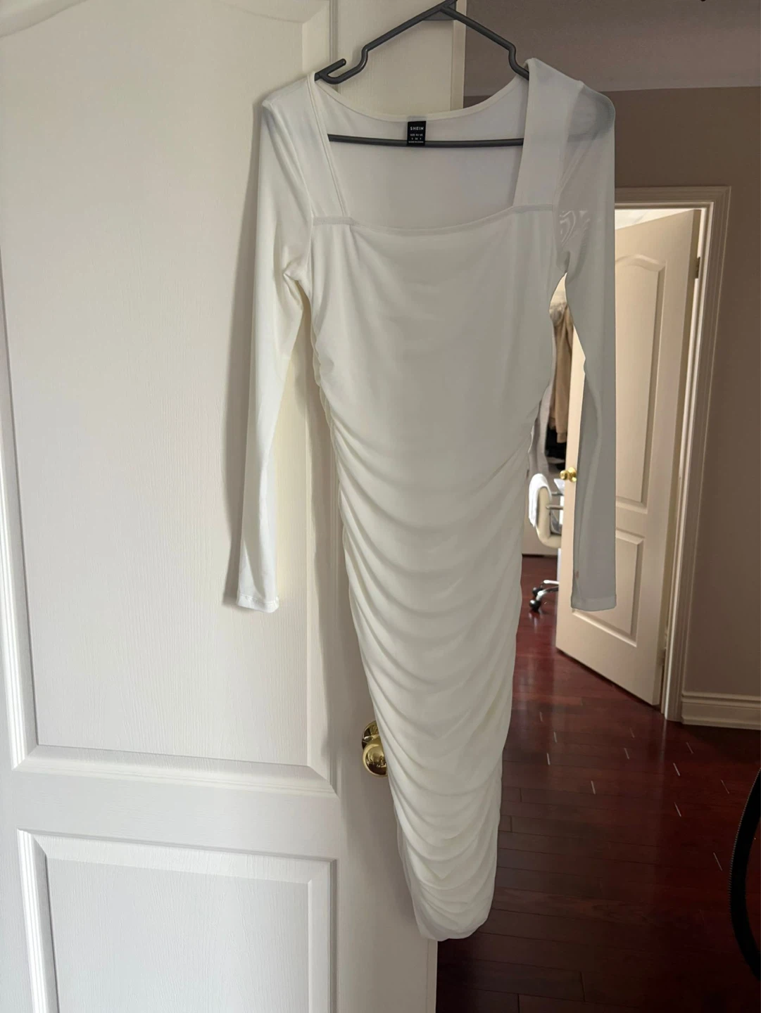 White Ruched Long Sleeve Square Neck Dress - photo 2