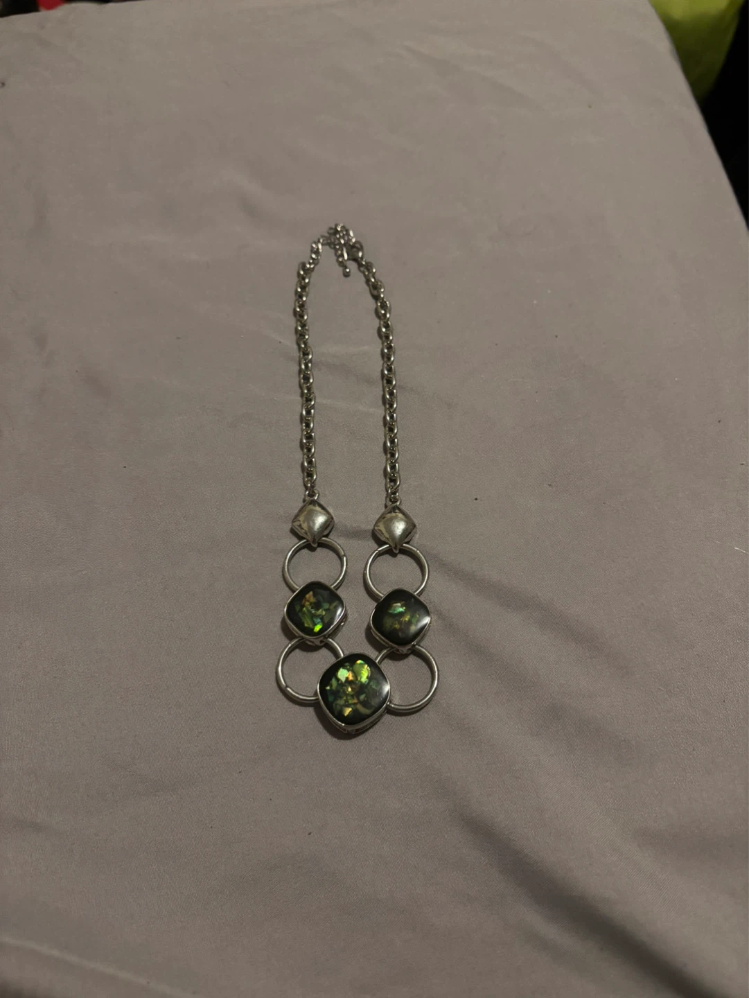 Silver-tone Necklace with Green Stone Pendants