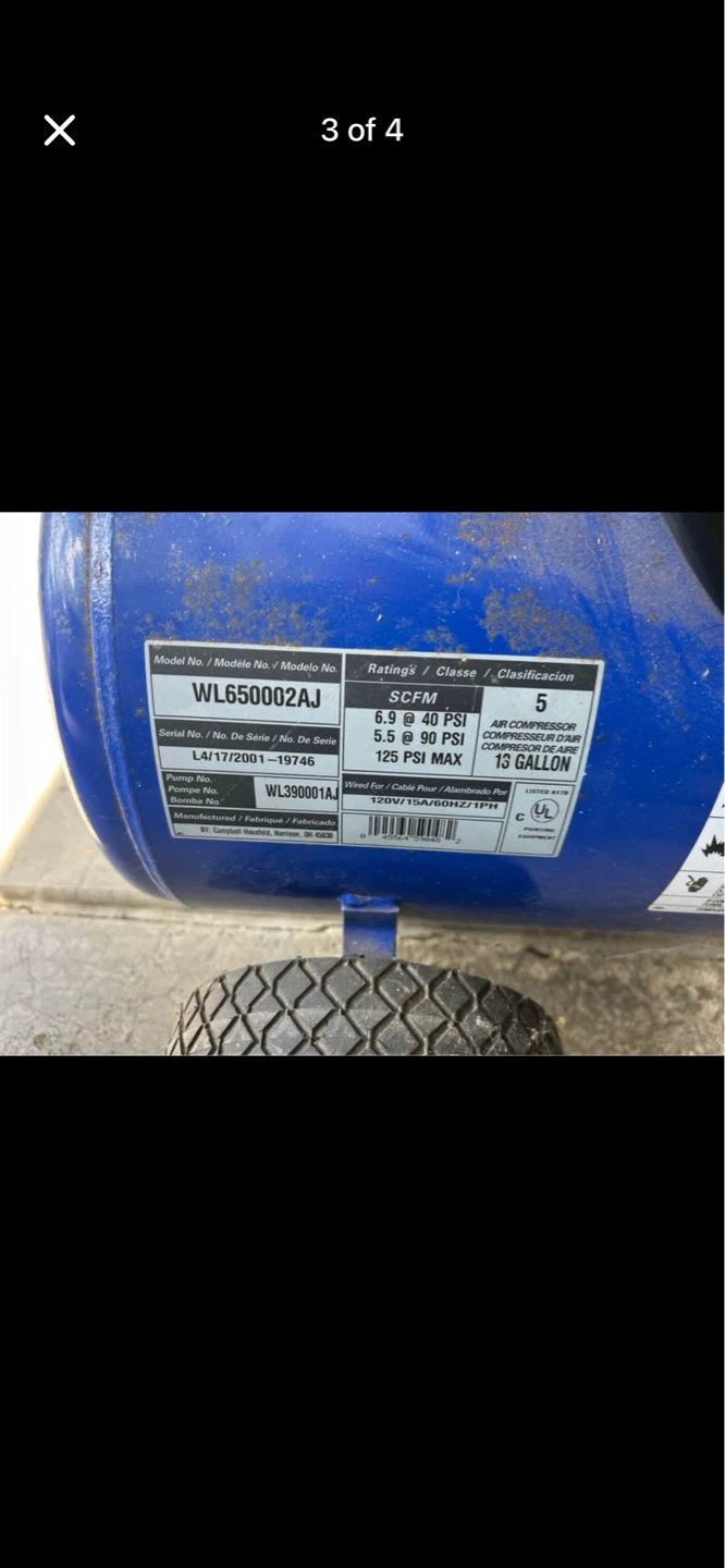 Air Compressor WL650002AJ 13 Gallon