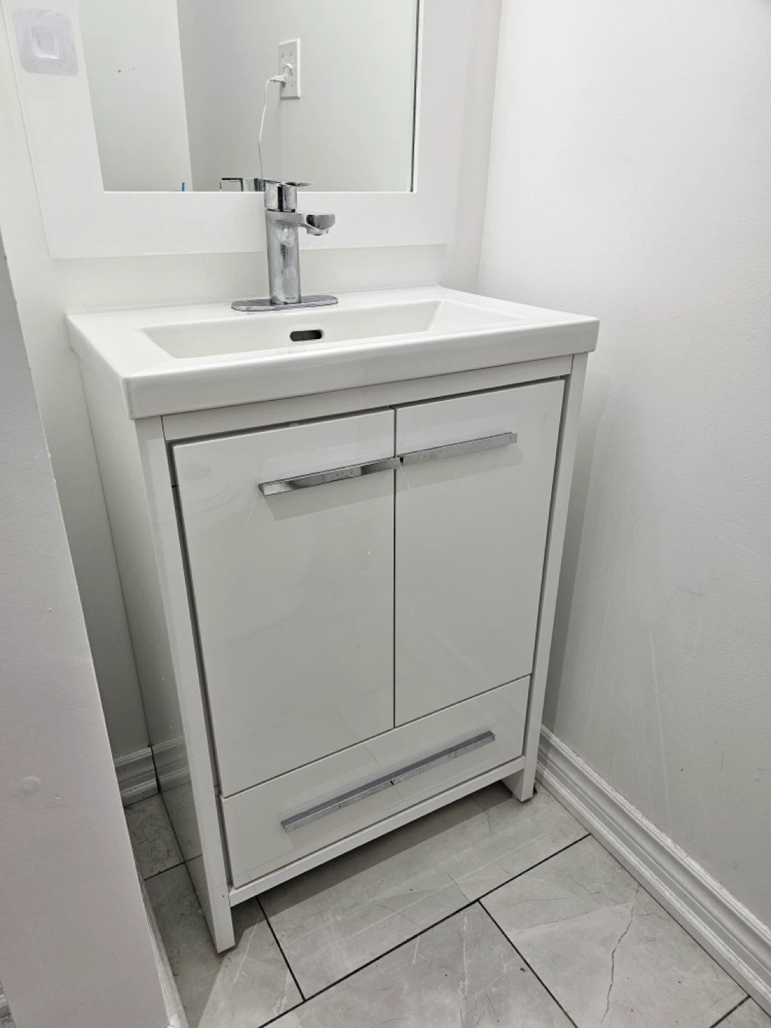 White Bathroom Vanity with Sink and Faucet