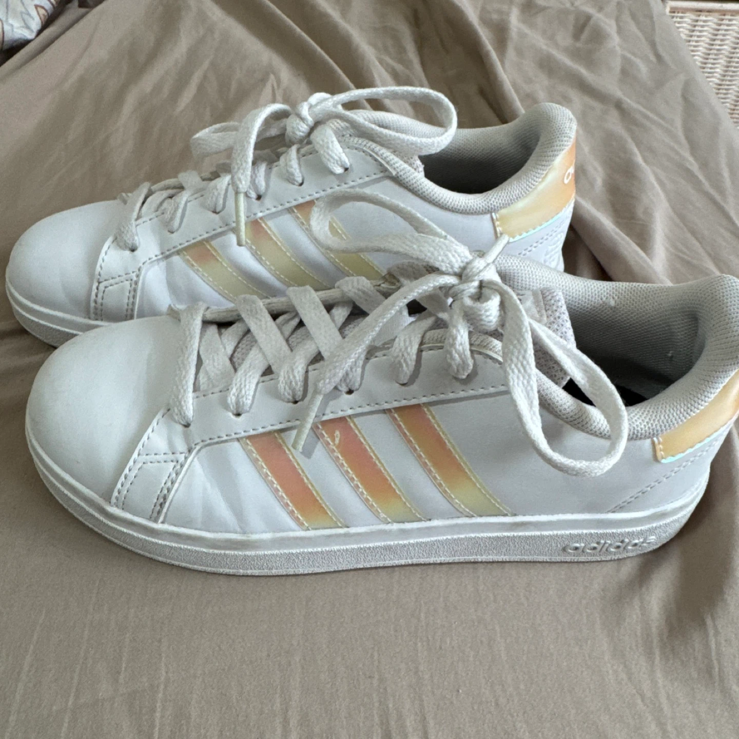 Adidas White Sneakers with Iridescent Stripes Girls size 3