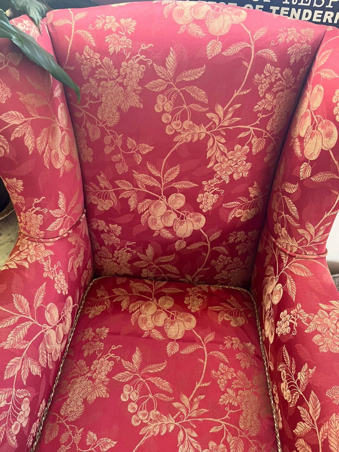 Vintage Wingback Armchair - Red Floral Brocade