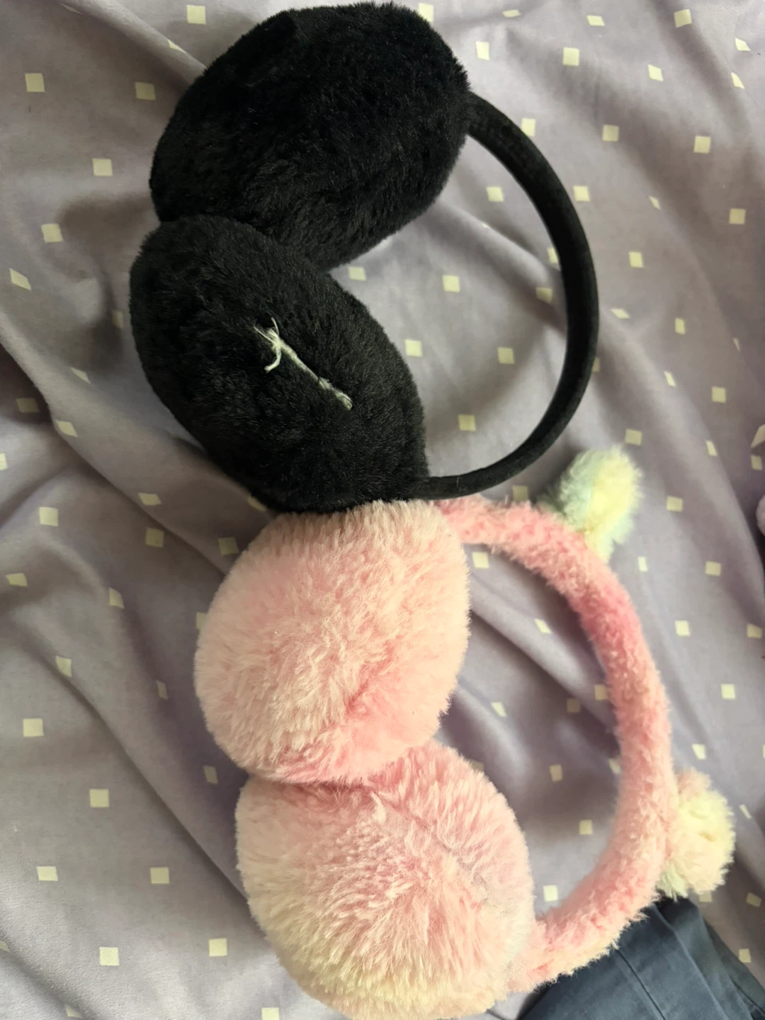 2 Fuzzy Earmuffs - Black and Pink