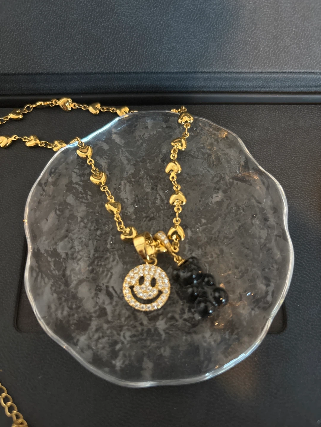 Gold Tone Smiley Face & Gummy Bear Pendant Necklace