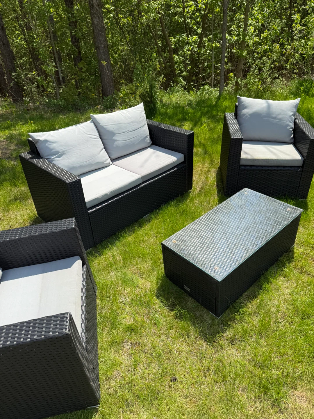 Black Wicker Patio Set with Cushions and Glass Coffee Table - photo 3